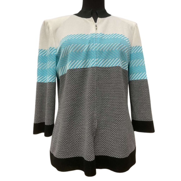 Ming Wang M Knit Jacket Sweater White Aqua Black Zigzag 3/4 Sleeve Zip Cardigan - Picture 5 of 9